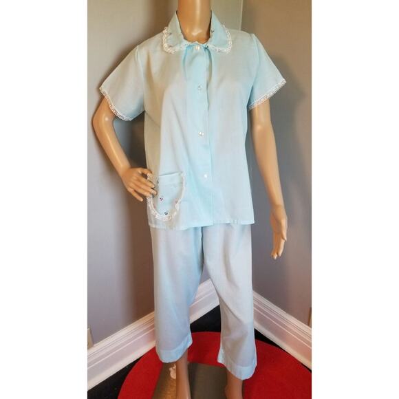 60s Vintage Katz Baby Blue Summer Weight PJ's - M - Picture 1 of 7